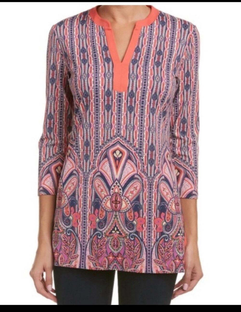 J. McLaughlin Catalina Cloth 3/4 Sleeve Tunic Top Paisley Medium Preppy Resort